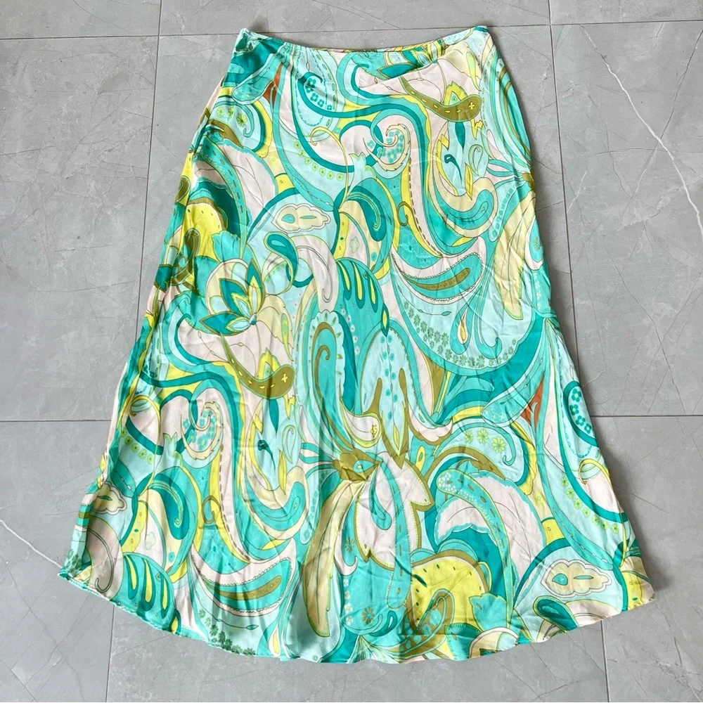 ZARA Sea Green Spring Multicolor 100% Viscose A Line Side Zip Midi Skirt Sz L